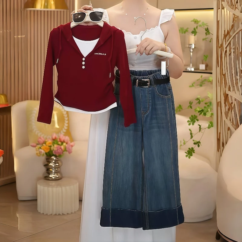女童秋季套装2025新款韩版假两件帽衫牛仔阔腿裤中大童春秋休闲装