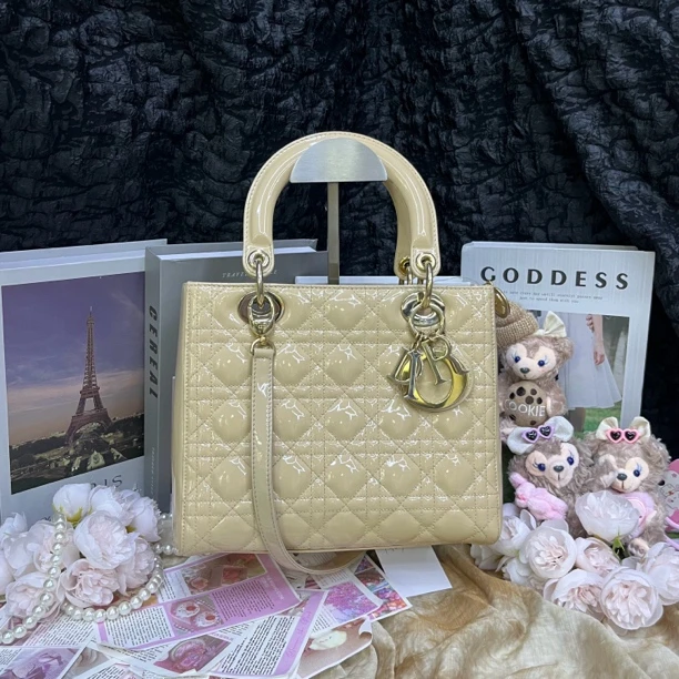 95新 DIOR/迪奥 迪奥裸色漆皮五格戴妃手提斜挎包