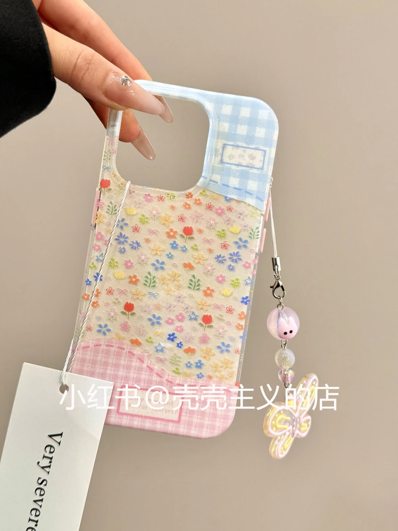 蓝粉格纹拼接碎花适用iPhone16大孔15手机壳华为oppo小米13vivo套