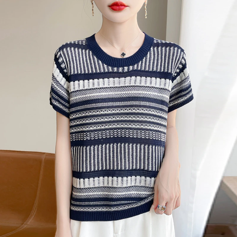 品牌2025夏季新款圆领镂空针织衫短袖T恤条纹提花洋气时尚上衣女