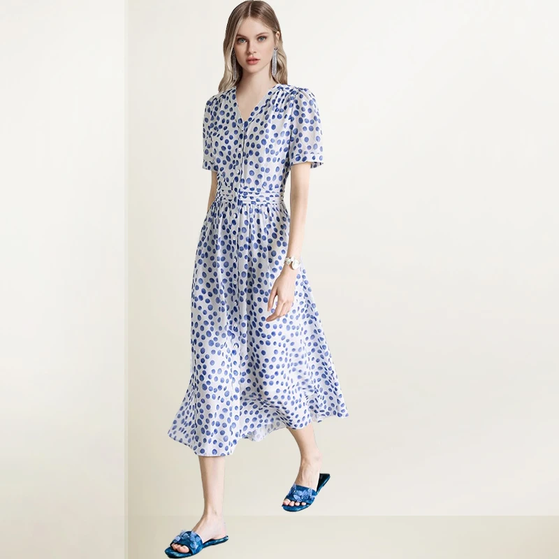 法式收腰V领波点连衣裙女2025年夏装新款收腰显瘦茶歇A字裙潮
