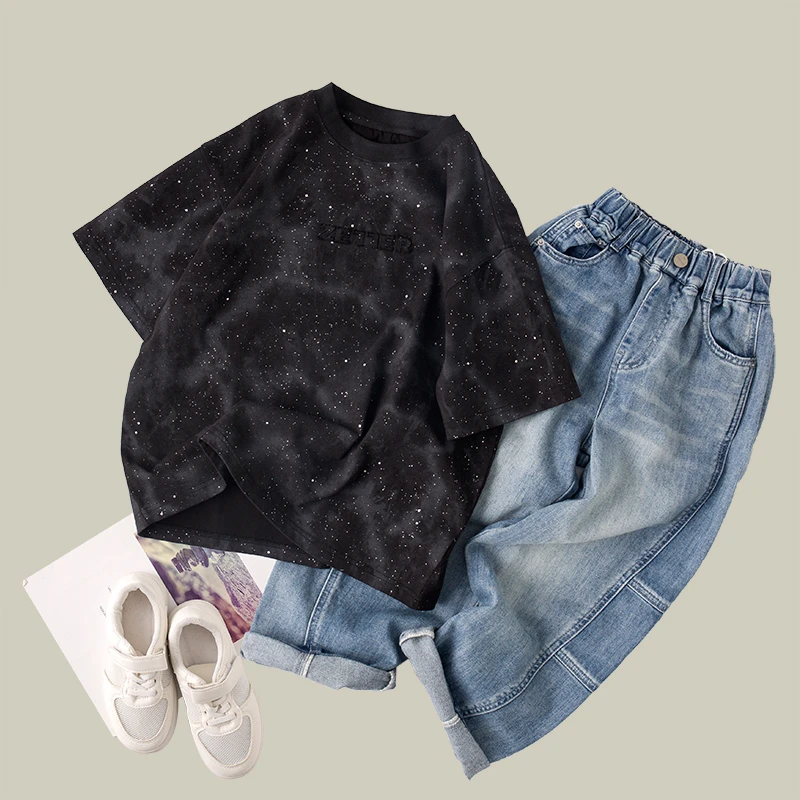 吴小越w1080男童韩版蜡染撒银短袖T恤2025款上衣中大童痞帅风