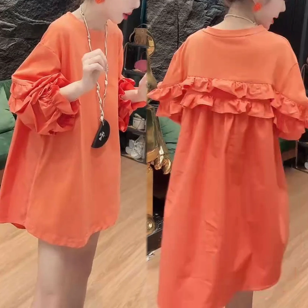 时尚宽松显瘦纯色中长款T恤女秋季新款洋气设计感木耳边长袖上衣