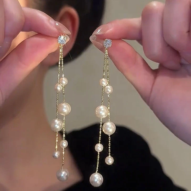 铜合金耳饰 2025年新款爆款女性珠珠长款耳环时尚设计感气质耳饰