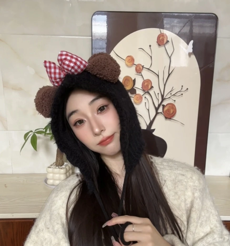2025新款巴拉克拉法帽可爱蝴蝶结小熊耳朵针织帽子女