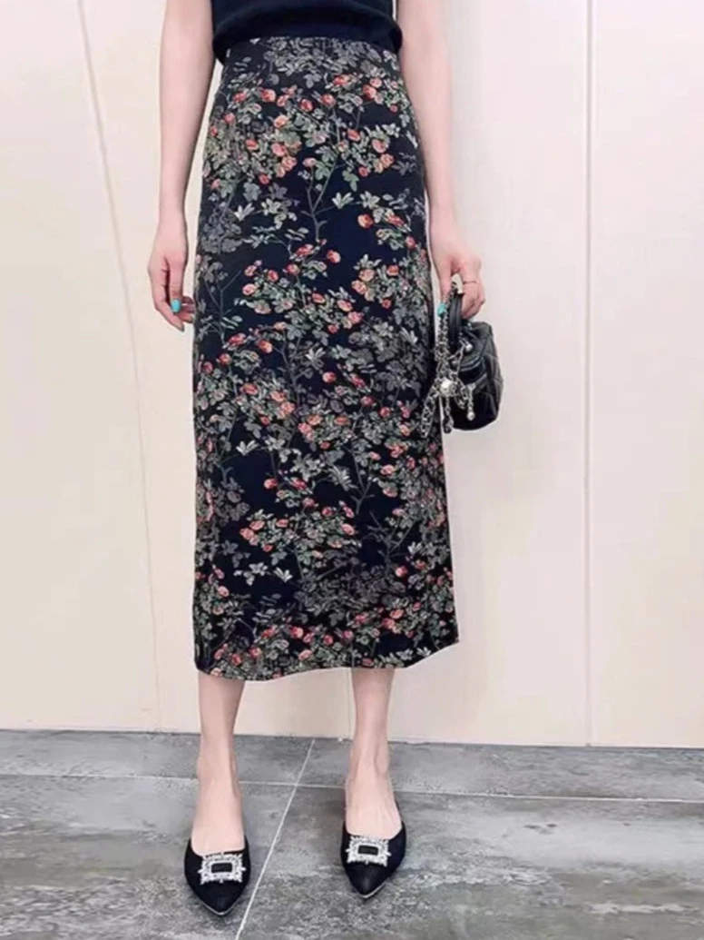 夏季新款彩色气质裙子半身裙女高腰复古碎花文艺A字裙中长款垂感