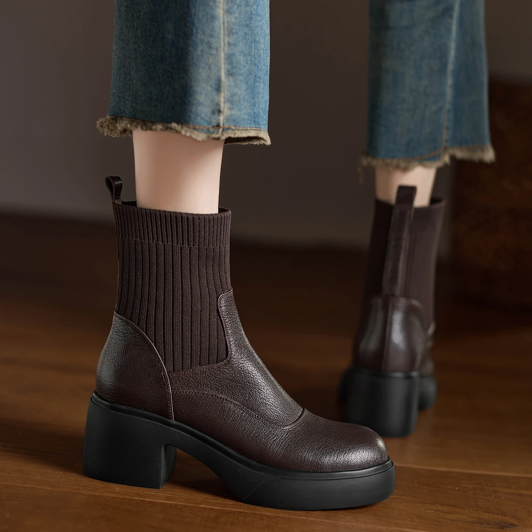 不累脚手工女鞋7cm~小个子粗跟短靴女高跟针织袜靴新款圆头马丁靴