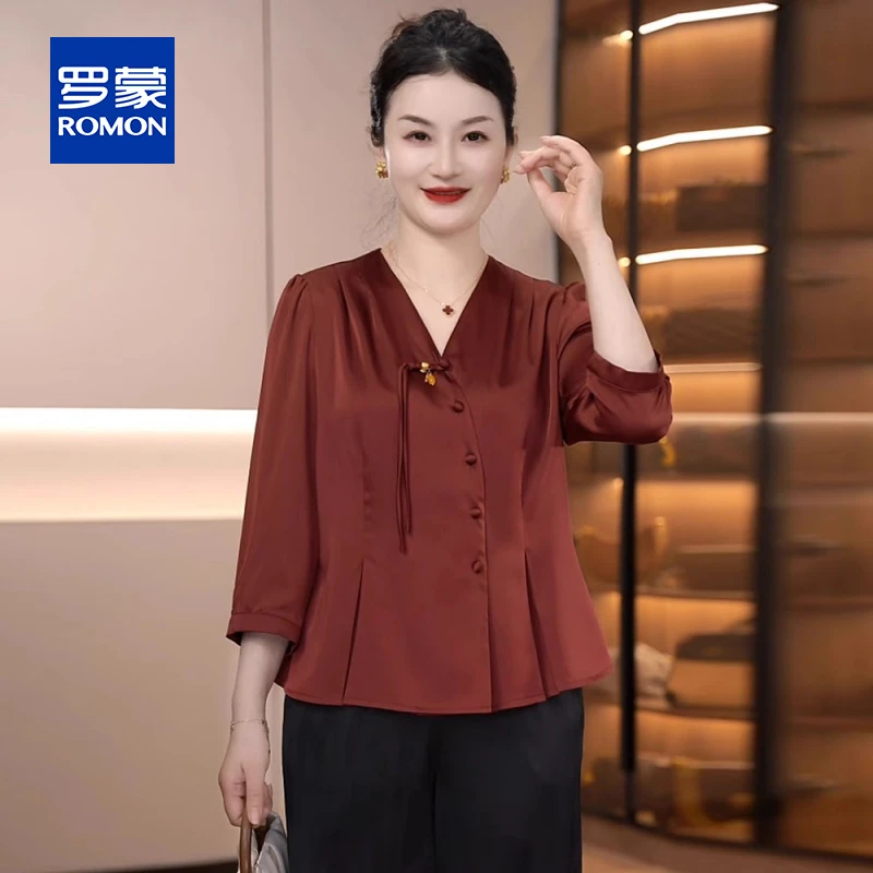 妈妈装春夏季新款中式国风上衣中老年斜襟盘扣气质大码雪纺衫套装