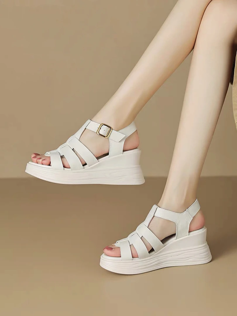 C6843  米色  新款夏季2025新款舒适厚底女休闲凉鞋 妈妈鞋