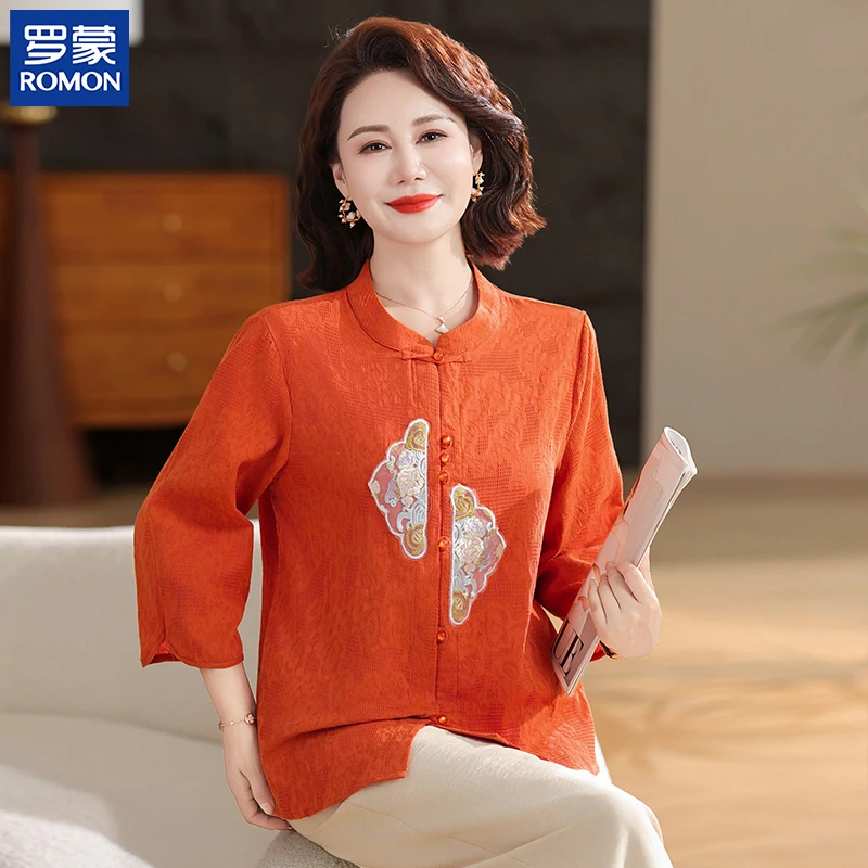 罗蒙时尚妈妈装夏装国风套装中年绣花上衣中老年女气质减龄两件套