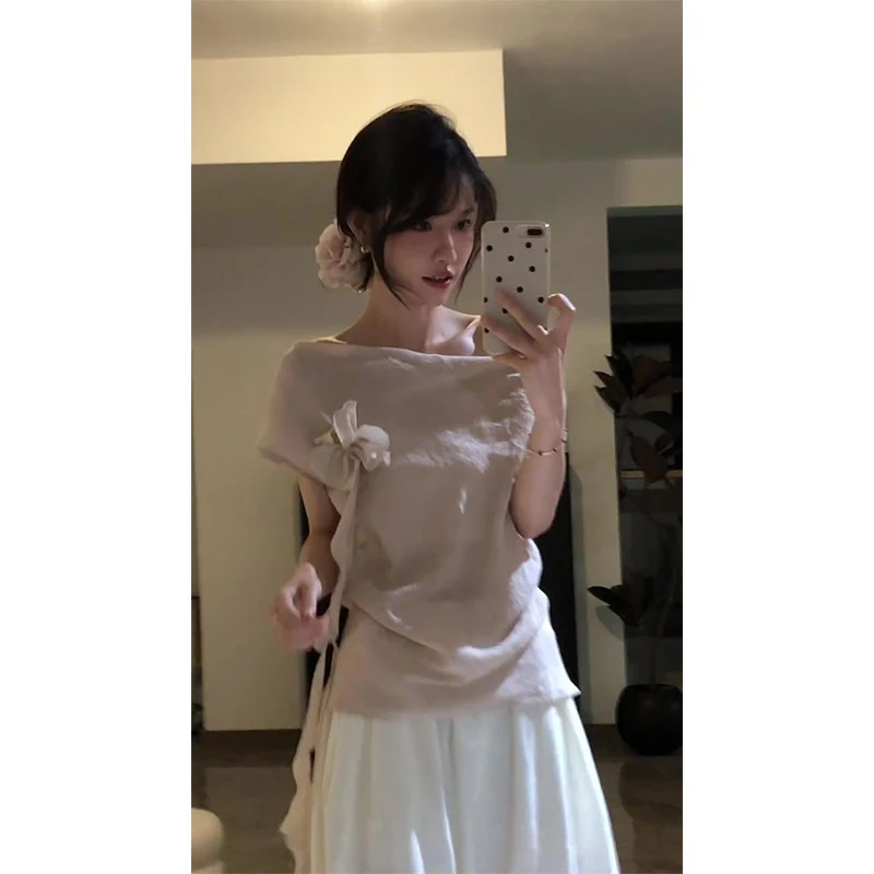 韩系穿搭斜肩不规则花朵修身性感显瘦短袖上衣宽松休闲裤裙两件套