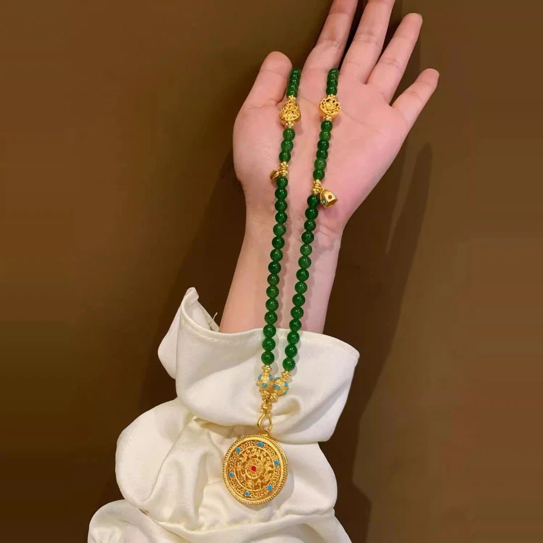 铜合金项链 翠绿色圆珠项链八宝罗盘吊牌多圈配件如意项链女轻奢