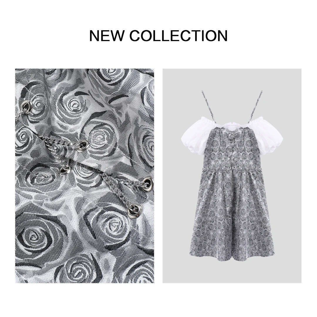 【小依专享】L3F28063浪漫优雅风黑白玫瑰花纹吊带碎花连衣裙-8063