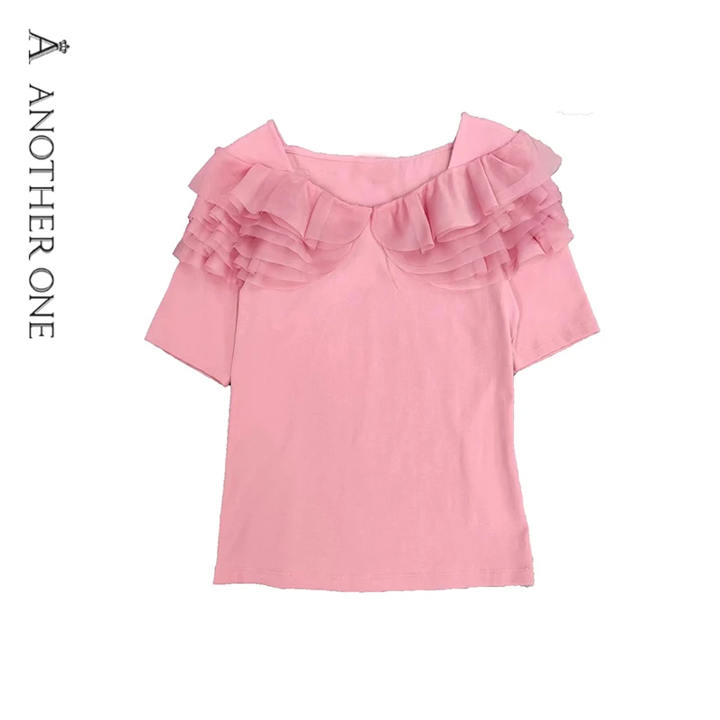 ANOTHER ONE安那迪法式荷叶边圆领针织短袖气质小衫时尚简约上衣