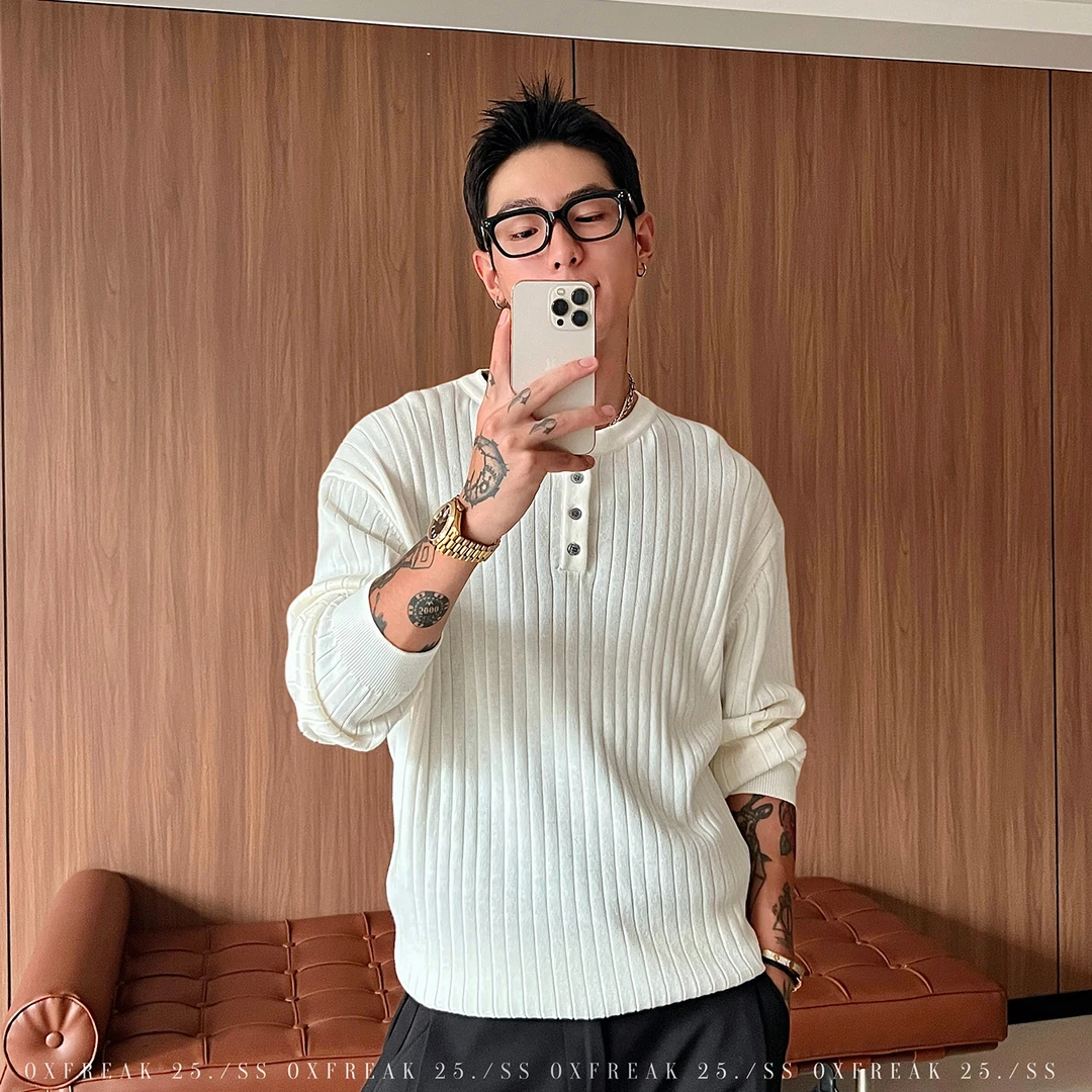 OXFREAK「四粒贝母扣」老钱风肌理亨利领长袖毛衣男高级感针织衫