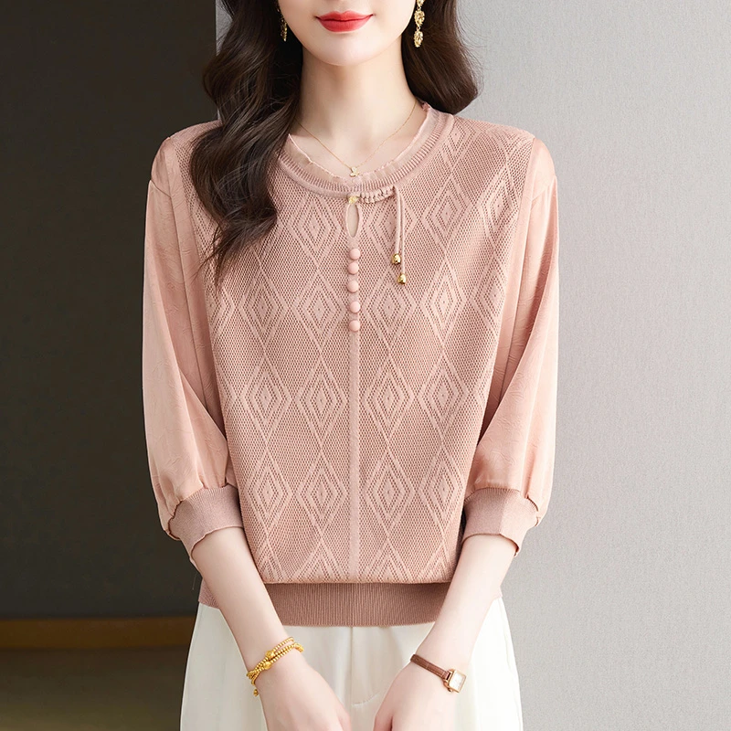 妈妈中袖上衣七分袖高端t恤薄款针织衫2025新款洋气春秋打底小衫