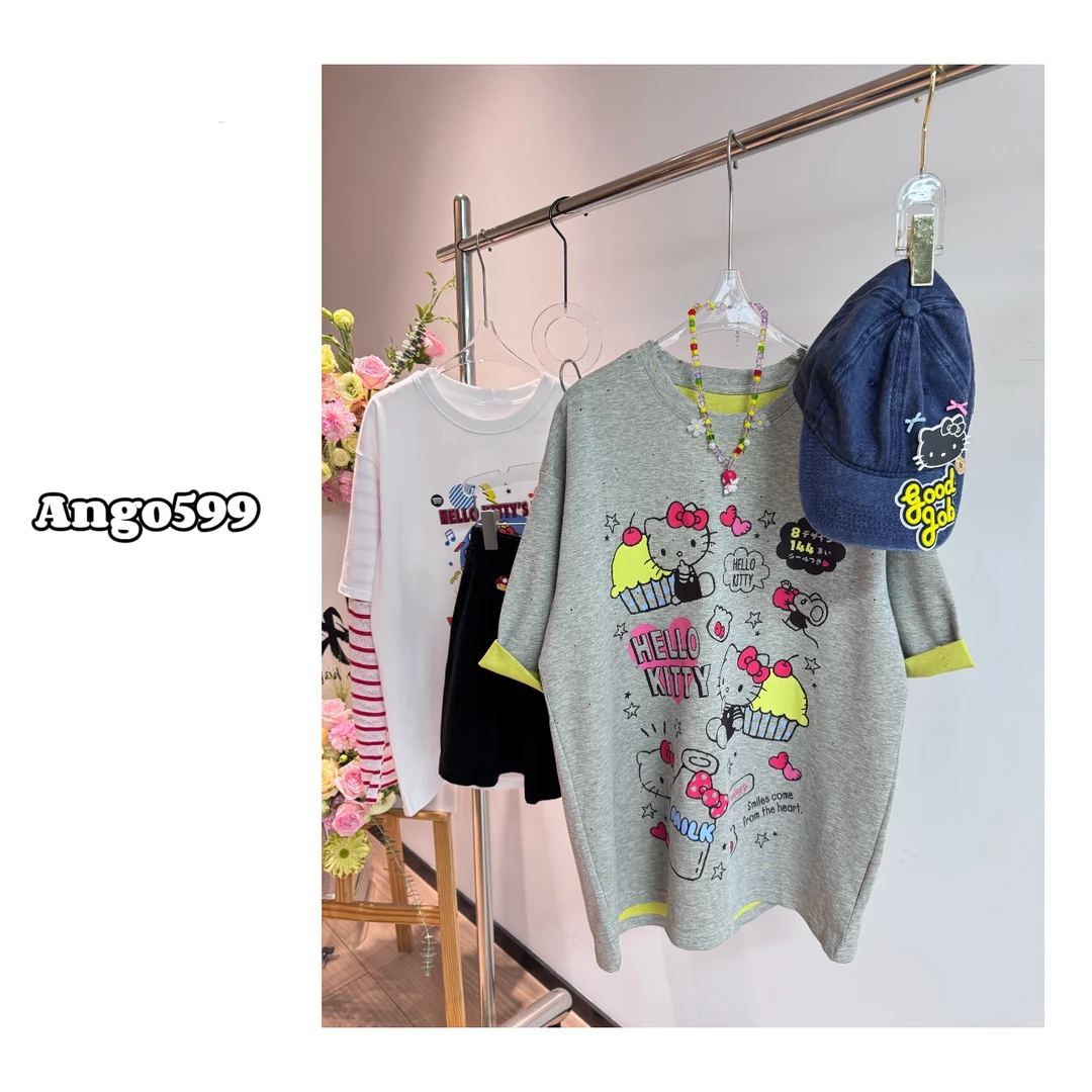 撞色kt* 泡菜国订单款双层多巴胺撞色破洞设计感休闲短袖+kt链条