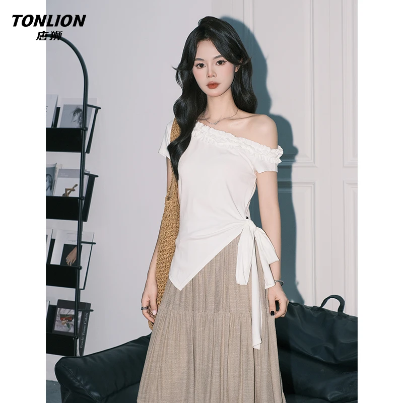 唐狮新款纯欲木耳边白色斜肩短袖上衣女夏ins不规则绑带收腰T恤