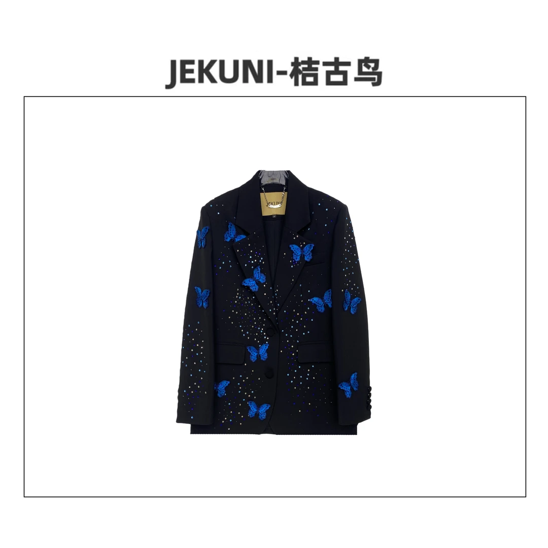 JEKUNI/桔古鸟【高阶私服】蓝色蝴蝶彩钻高定轻奢时尚西装外套