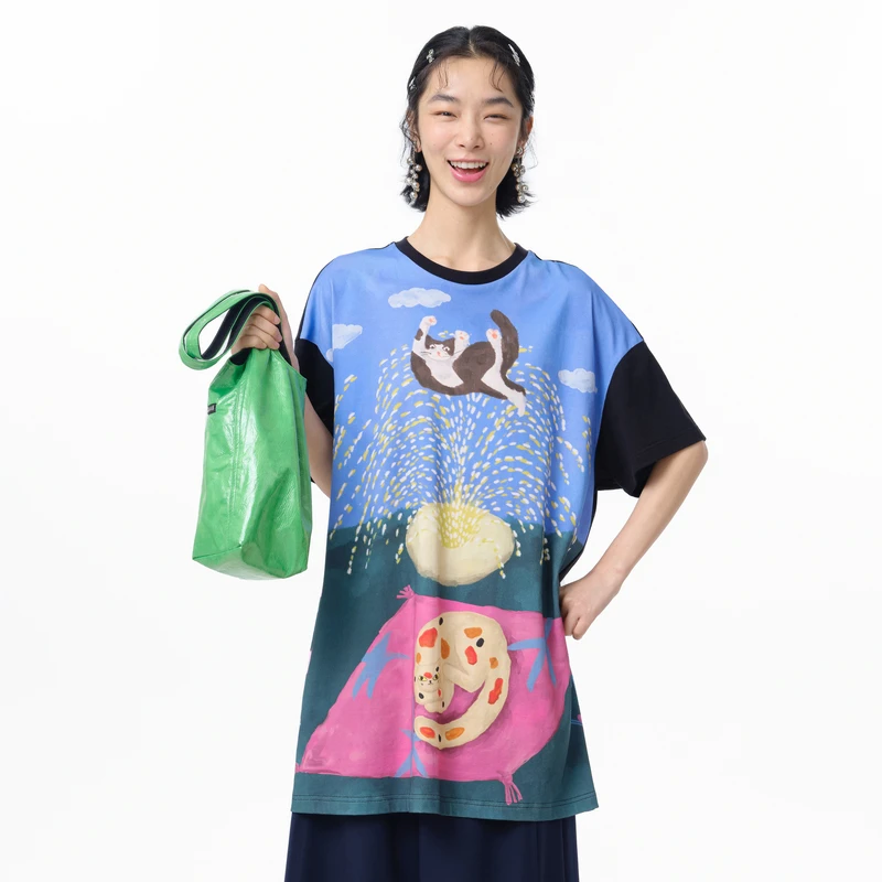 MOVEUP幻走2025夏季新款.FUN 纯棉撞色印花中长款T恤女325210596