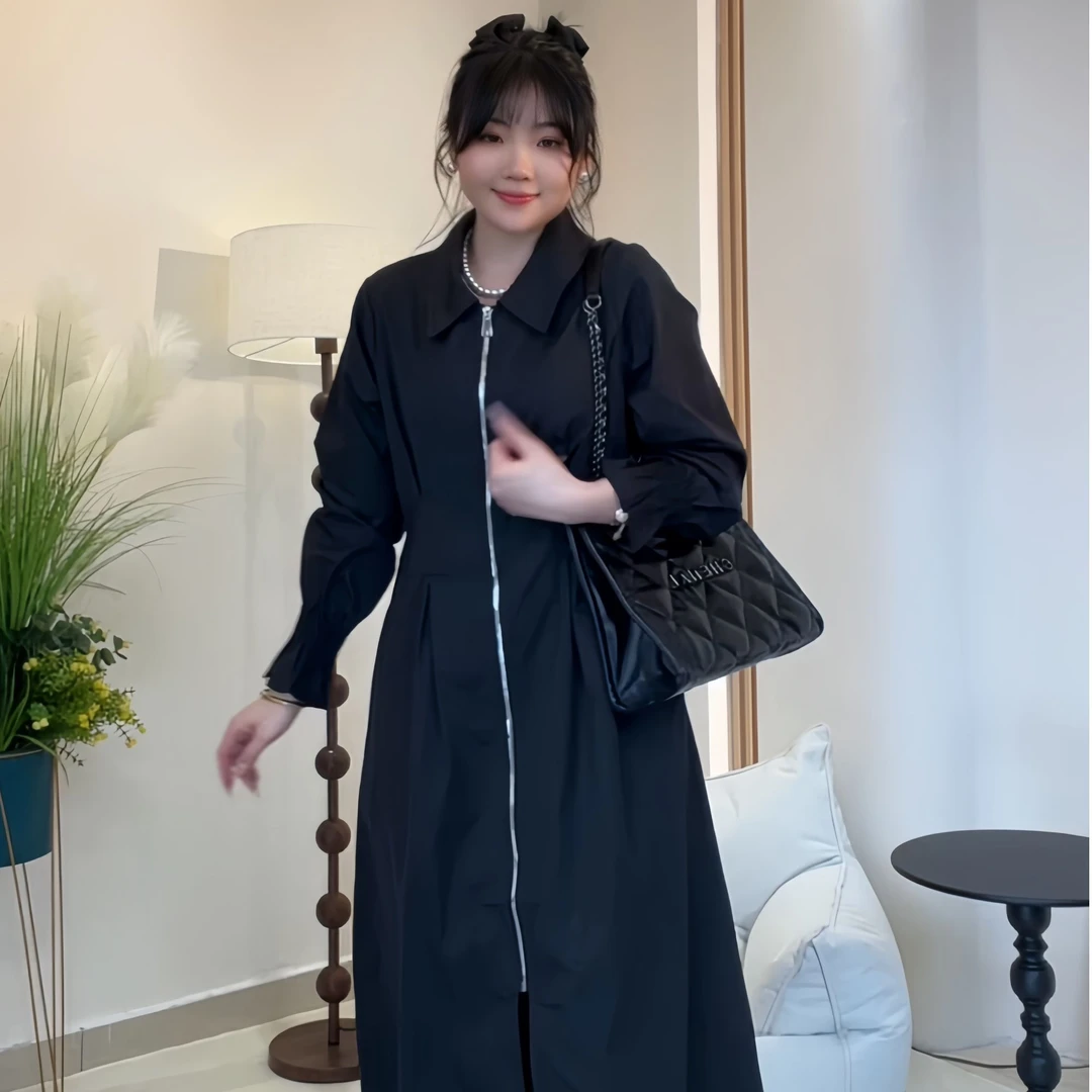 【赫本风】大码女装黑色长袖连衣裙新款法式高级感收腰显瘦气质长裙