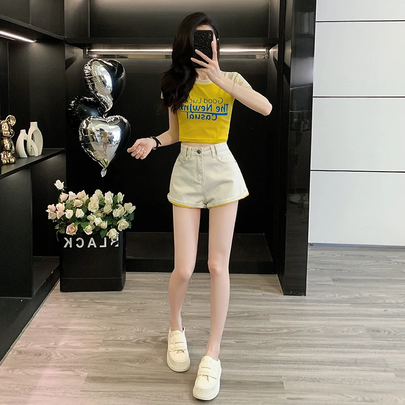 夏季休闲套装女潮流时尚减龄短袖洋气小个子短款上衣显瘦牛仔短裤