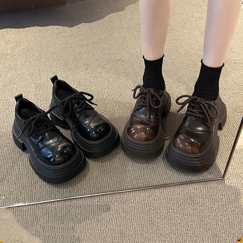 厚底小皮鞋女英伦风圆头系带休闲德比鞋小个子增高黑色复古乐福鞋