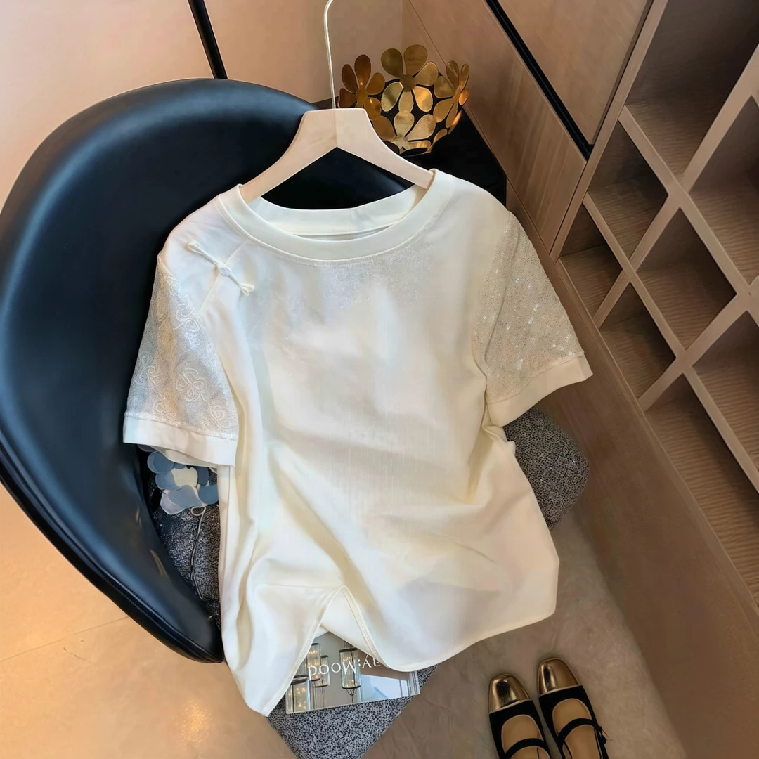 缎面新中式国风2025夏季新品高端复古别致独特斜襟短袖提花衬衫女