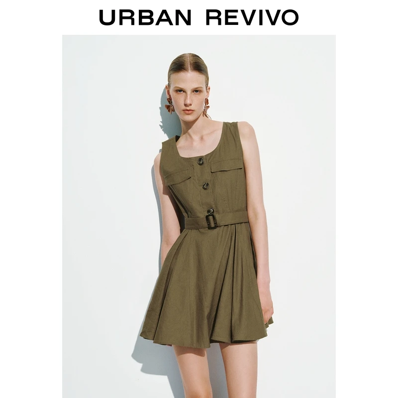 UR2025夏季新款女装复古休闲腰带纽扣短袖连衣裙UWH750068