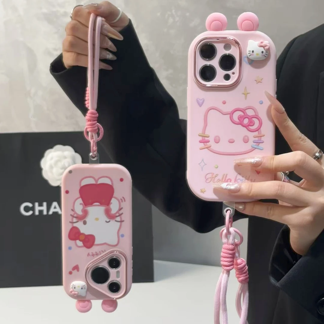 SMBLCE可爱耳朵粉凯蒂挂绳适用苹果17/16手机壳华为vivoppo小米15