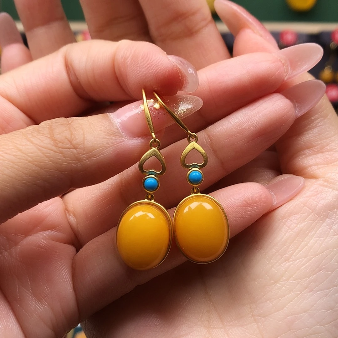 蜜蜡银S925镶嵌耳饰耳坠