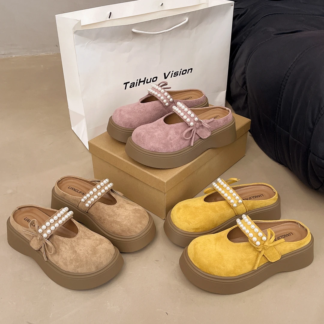 YYCORAL/宇逸瑚玛丽珍增高厚底中跟包头珍珠ins半拖松糕底包头拖