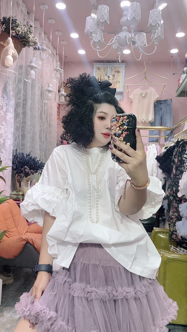 时尚洋气灯笼袖薄款短袖衬衫女减龄夏装