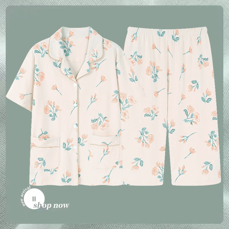 睡衣女士夏季100%纯棉短袖七分裤中年妈妈薄款家居服休闲大码套装