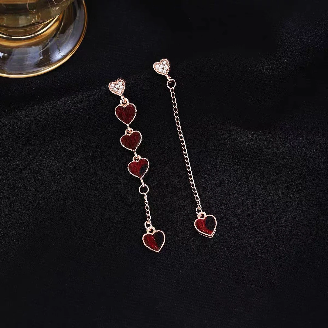 铜合金耳饰 韩版不对称镶钻爱心链条轻奢高级感时尚气质N2401