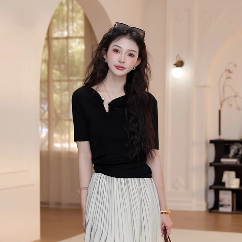 【YANYAN】夏季百搭纯色斜扣针织短袖YY-6204