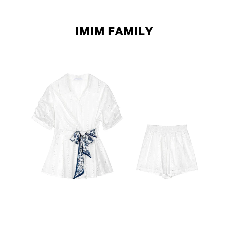 ”汉白玉“勾花镂空棉麻收腰丝巾别致短袖衬衫高腰短裤夏季两件套