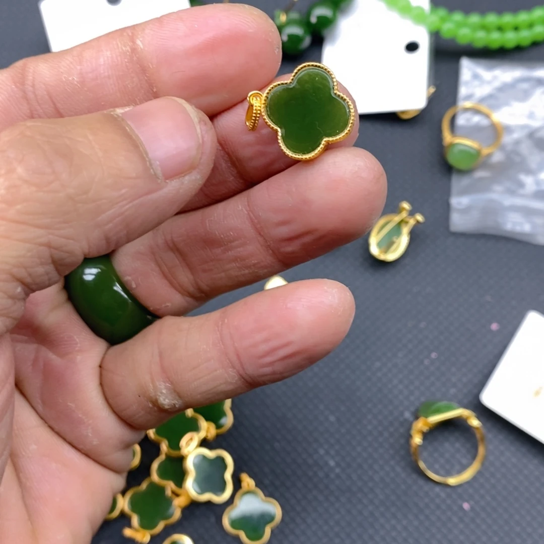 和田玉（碧玉）戒指银S925镀金镶嵌