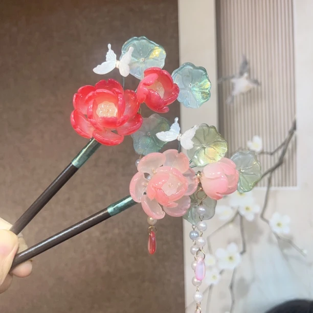 471原创琉璃木簪粉色汉服发饰头饰流苏配饰