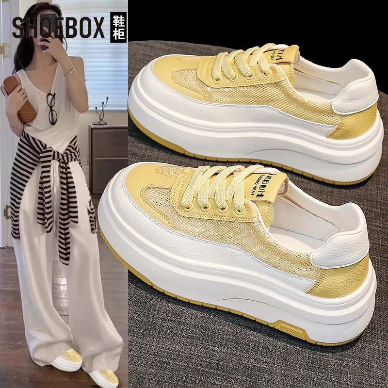 达芙妮集团旗下百搭厚底黄色单网板鞋女2025夏季新款休闲小白鞋子