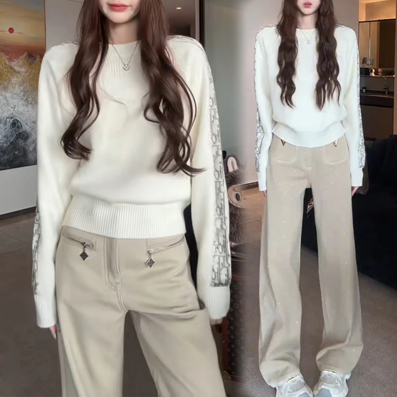 韩系轻熟针织阔腿裤套装女2026秋冬肩袖装饰腰头细节设计通勤休闲