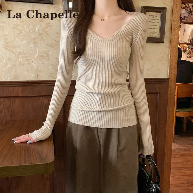 拉夏贝尔法式露锁骨v领针织打底衫长袖秋冬内搭修身毛衣低领上衣
