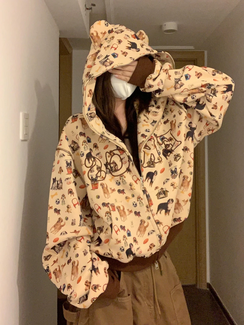 美式复古童趣印花短款连帽长袖卫衣外套女秋季宽松休闲开衫上衣潮