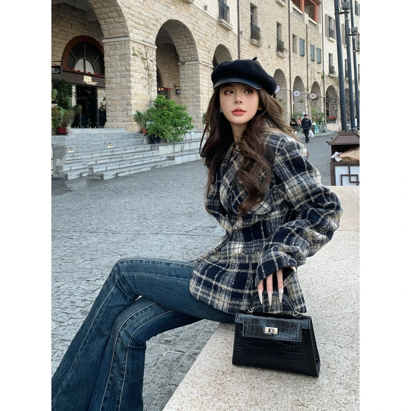 PaintGree外套女秋冬最新款2024爆款万能百搭又飒又酷格纹上衣