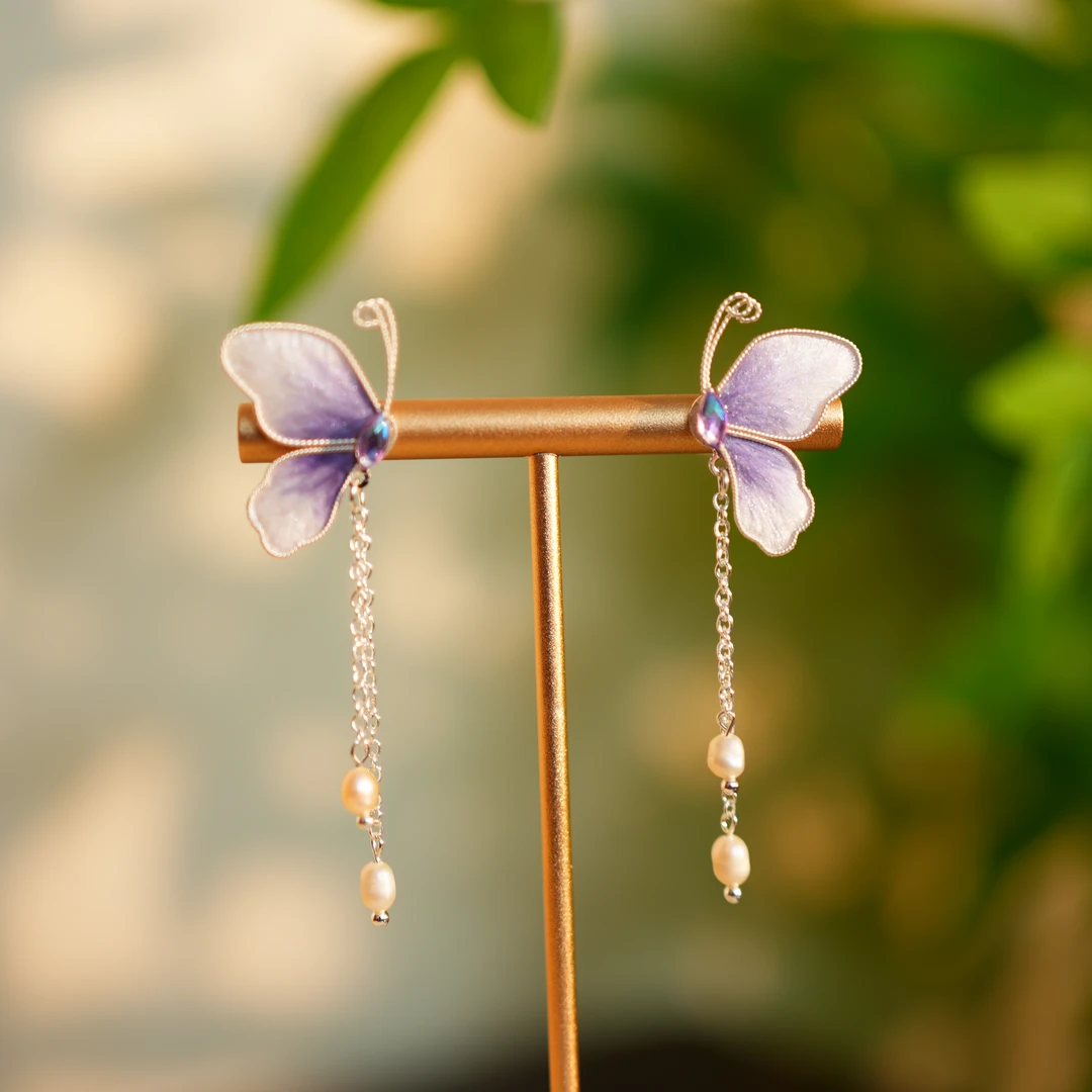 非金属布艺耳饰 【蝴蝶耳饰】浅紫色 非遗绒花工艺 日常礼品