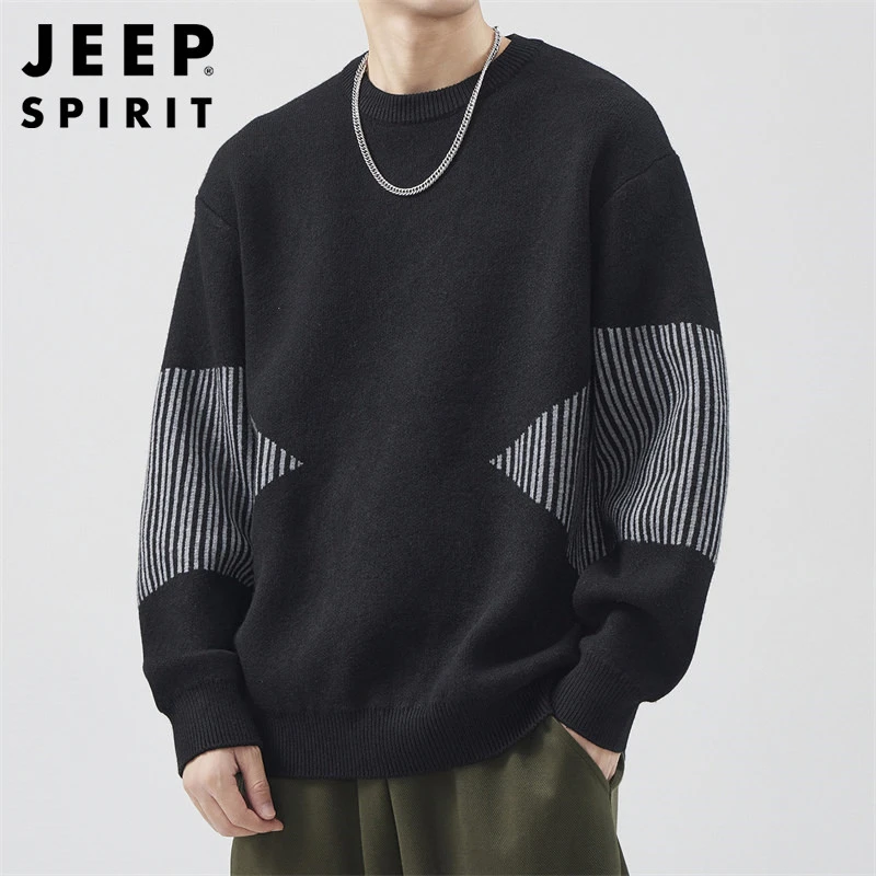 Jeep吉普男士毛衣秋冬季新款潮流休闲加厚保暖条纹打底圆领针织衫