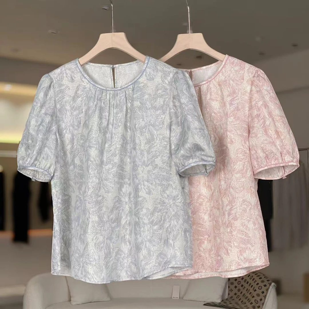 MeraxMer桑蚕丝冠乐绉鎏金提花气质圆领短袖小衫·气质真丝上衣
