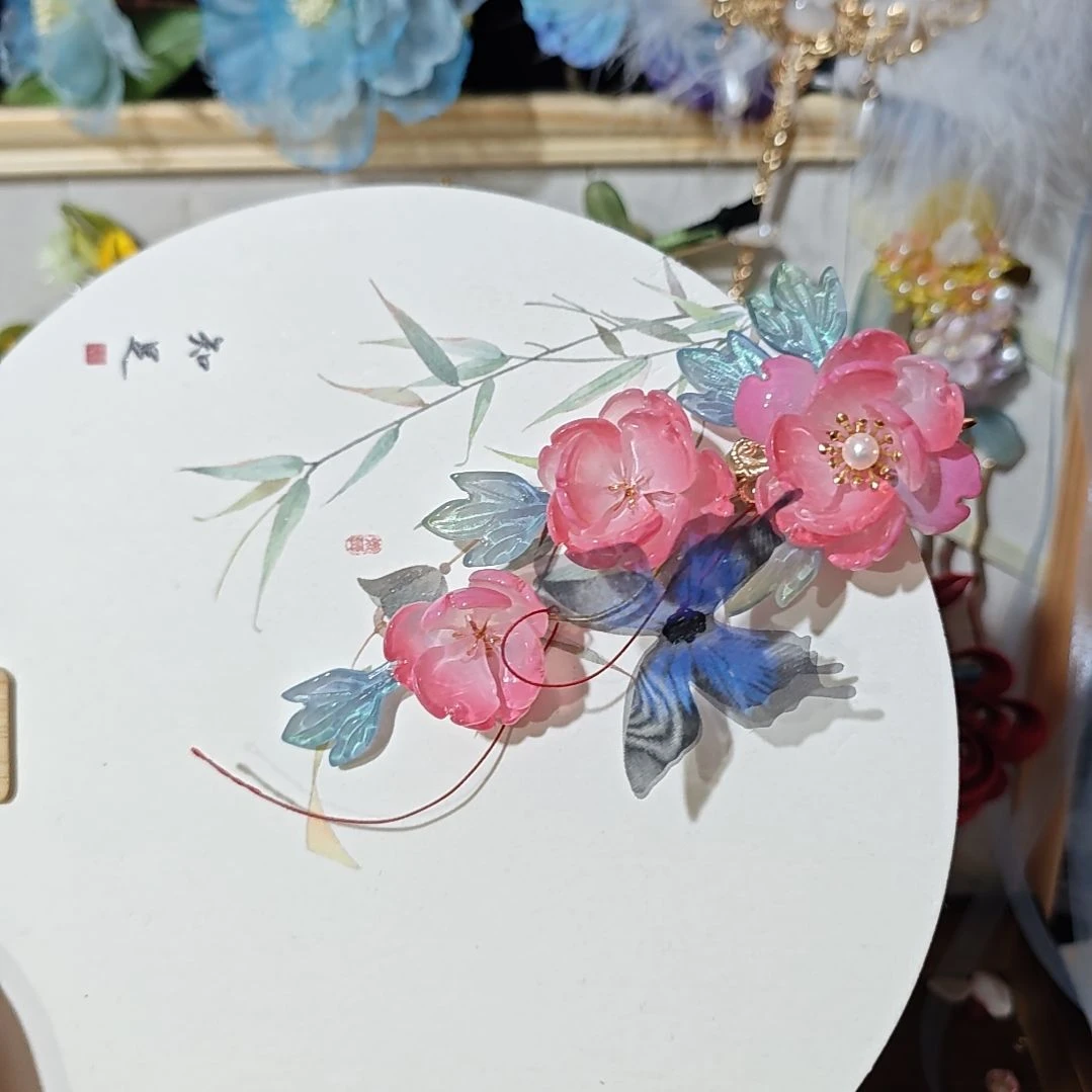 琉璃发饰粉色琉璃发夹汉服头饰