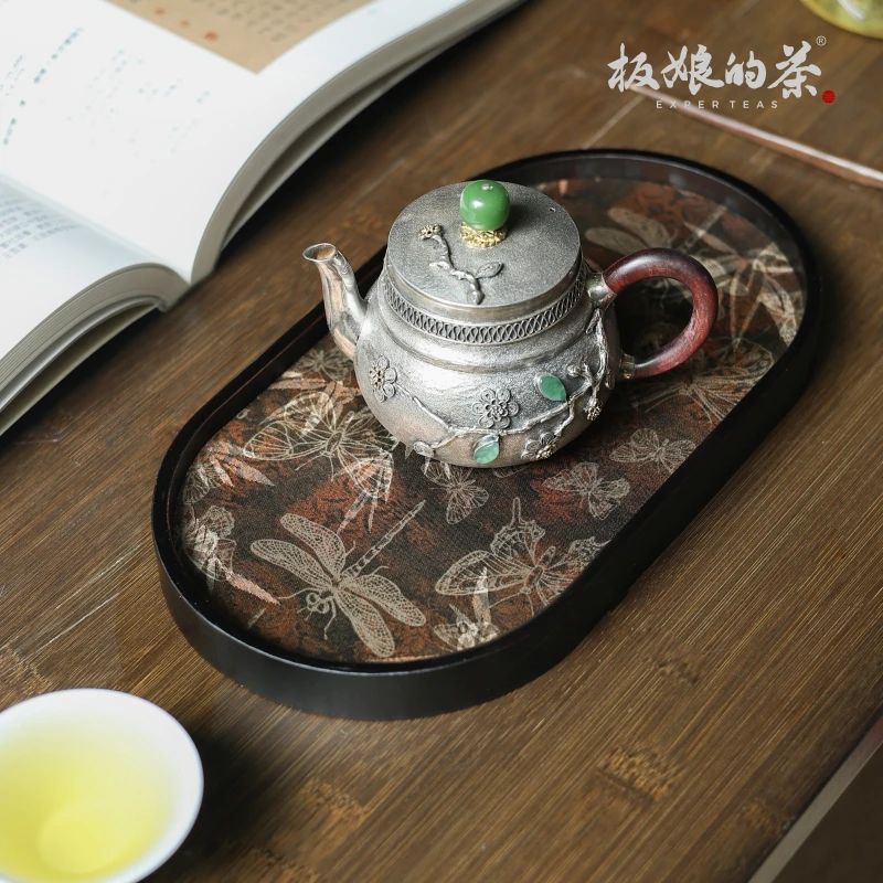 当代 板娘的茶 新中式复古双面织锦椭圆胡桃木简约茶盘干泡台壶承