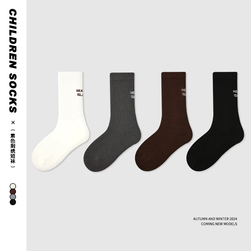 袜子ZYZ秋冬字母刺绣中筒袜学院风双针男女童袜子棉白色纯棉棉袜